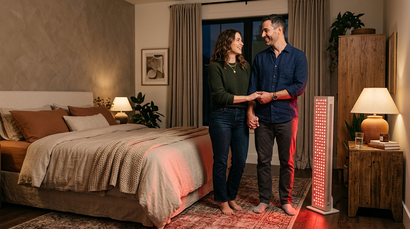 Adult couple holding hands beside a red light therapy panel in a warm bedroom