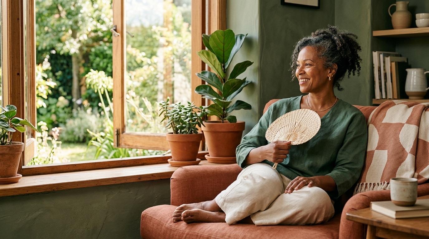 Midlife woman relaxing beside an open window while holding a handheld fan