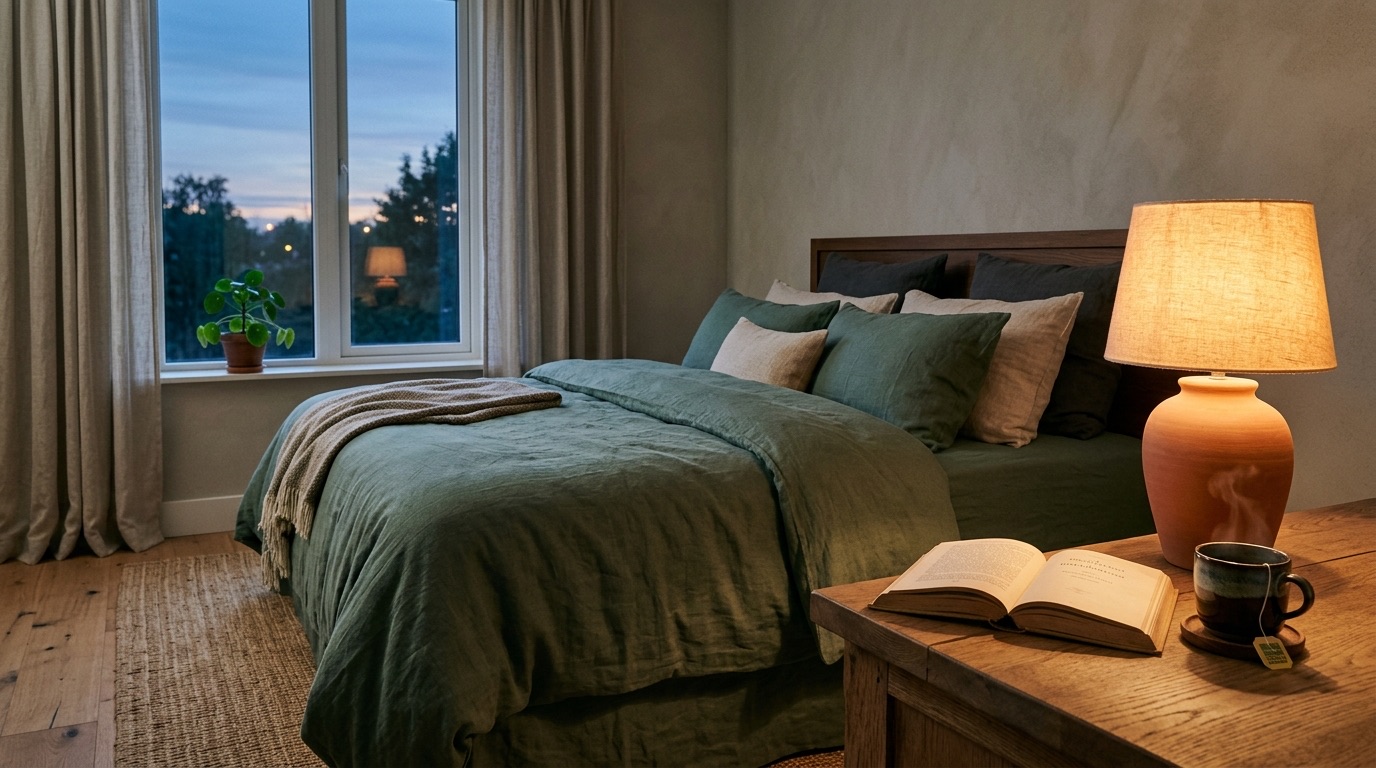 Deep-sage bedroom prepared for rest with a warm lamp, open book and tea