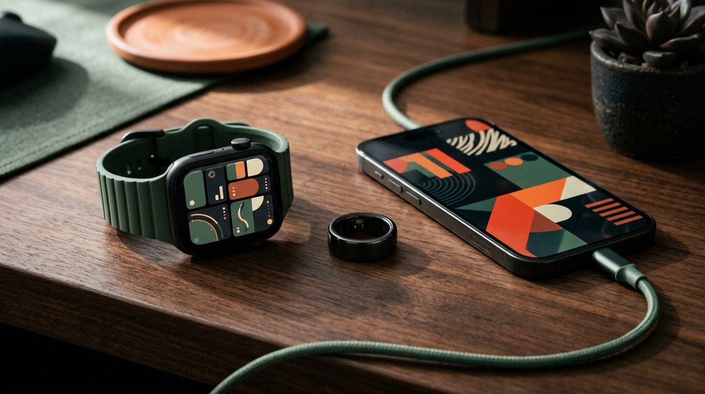 Unbranded smartwatch, wellness ring and smartphone arranged on a walnut desk